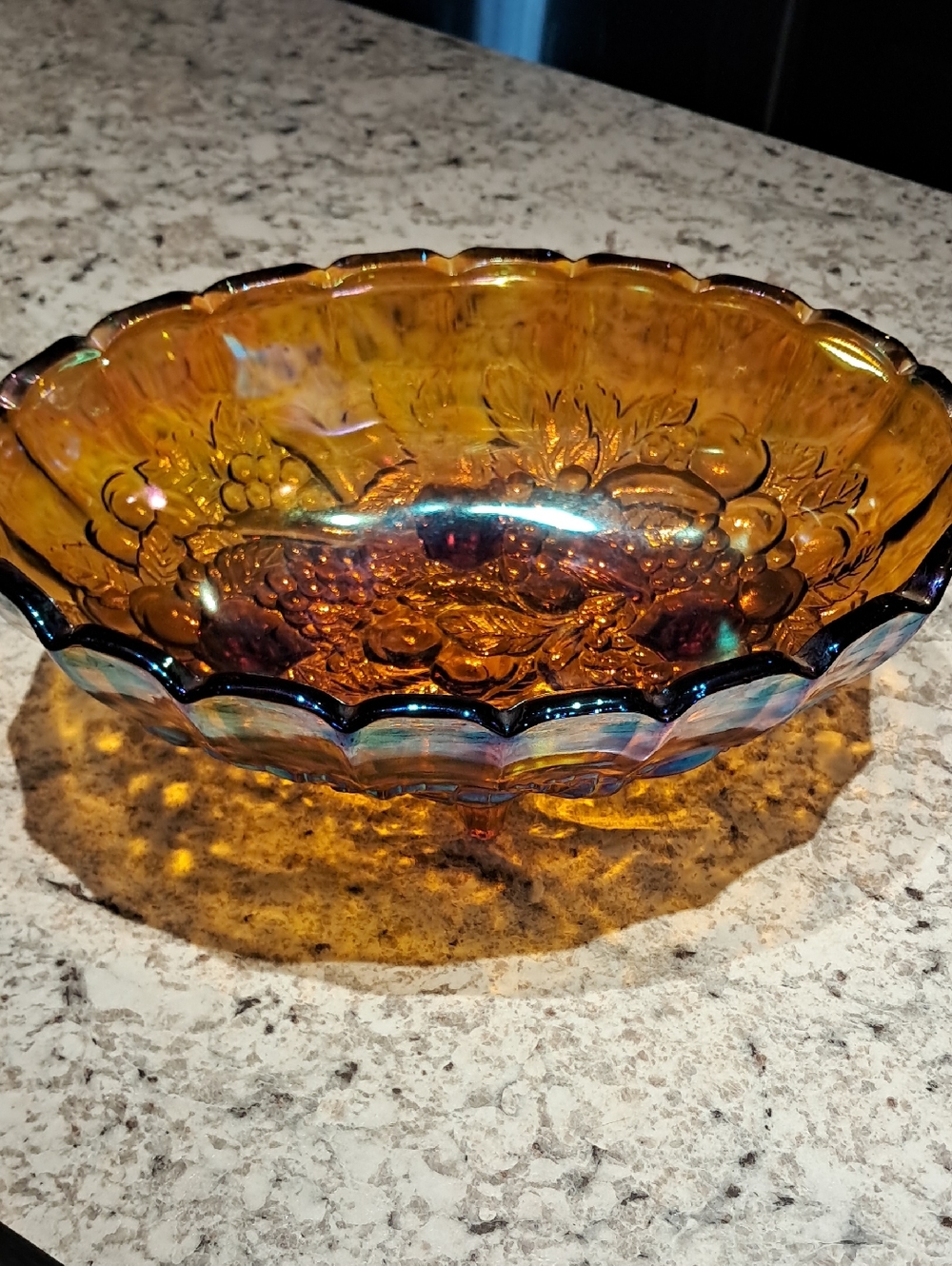 Vintage Iridescent Amber Carnival Glass Footed Fruit Bowl